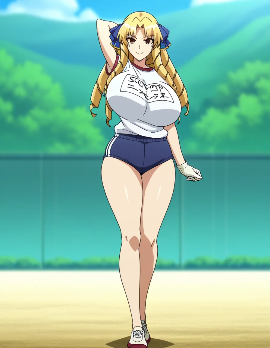 best quality, high resolution, 1girl, (huge breasts:1.2), Tsunade, blonde hair, brown eyes, mature female, blue competition swimsuit, blush, embarrassed, smile, cowboy shot, pool, camel toe, (from below)