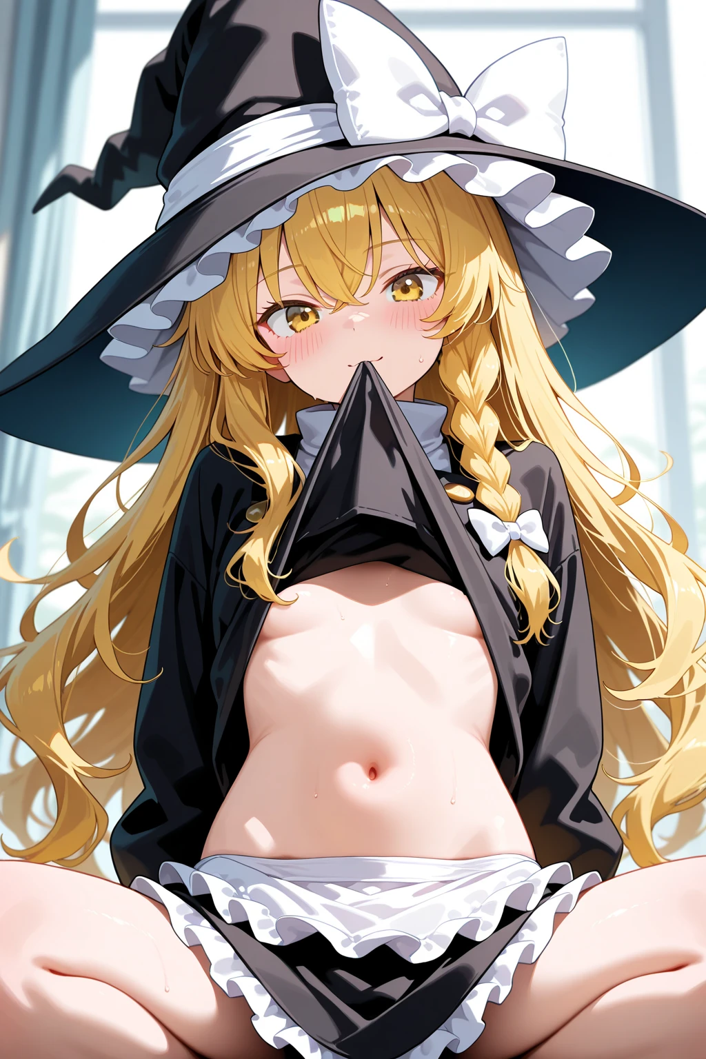 NSFW,(pale illustration,anime illustrations:1.2),(masterpiece, highest quality, so beautiful, Super detailed),textured skin, high details,8k,gleaming skin,pale outline
(hachimiya meguru, idolmaster:1.2),gold hair,
1 girl,(black Thighhighs:1.3),middle breasts,shorty,happy smile,
nude,witch hat,standing,
from front,white and clean bedroom