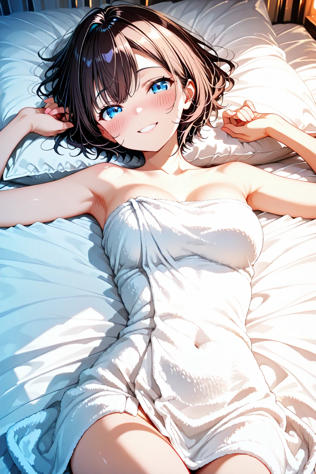 (Highest quality、Masterpiece、Very detailed、4K)、One Woman、17 years old、Silver Hair、short hair、(((beta)))、chest、arm、Beautiful face、((Thighs))、((Beautiful armpits))、((Sleeping in bed))
