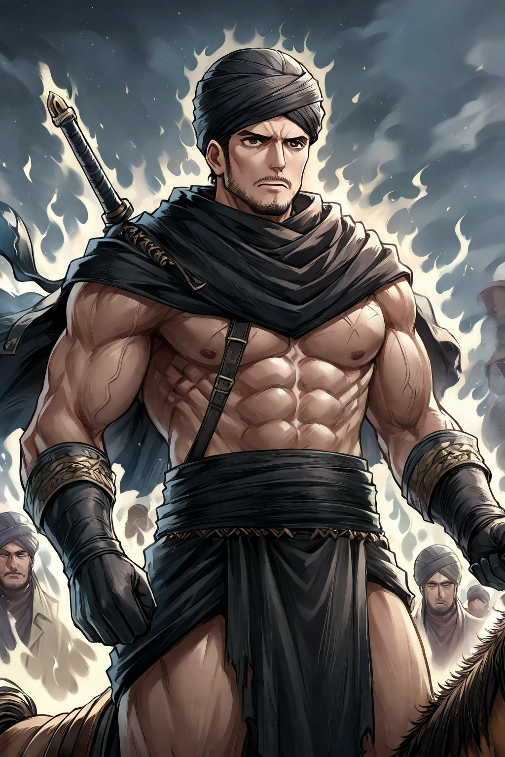 Imagine an impressive illustration of Conan the Barbarian in the midst of a fierce battle on an ancient battlefield. Conan should look muscular and fierce, with his sword held high as he faces a group of enemies. The environment should reflect a fantasy world with ancient ruins and an epic sky filled with stormy clouds. The color palette should be rich and evocative, with warm tones that emphasize the intensity of the scene. The image quality should be high definition (8K).
