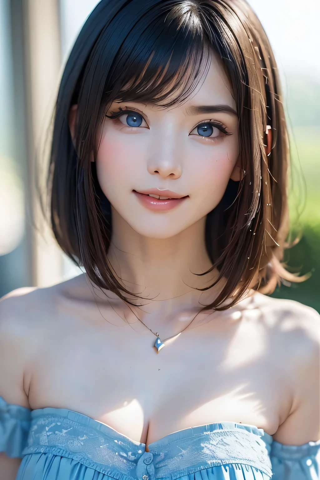 (UHD, retina, masterpiece, accurate, anatomically_correct, textured_skin, super_detail, high_details, high_quality, best_quality, high_res, 1080P, HD, 4K, 8k, 16k), (beautiful_detailed_eyes, beautiful_detailed_lips, extremely_detailed_eyes_and_face), (soft_lighting:1.5), physically-based_rendering, vivid_colors, (large_breasts:1.5), (shiny_hair, shiny_skin, tanned_skin, blush), (bangs:1.5), eye_reflection, (bokeh), (smile_and_laugh, bob_cut, hairband, viridian_blouse:1.5),