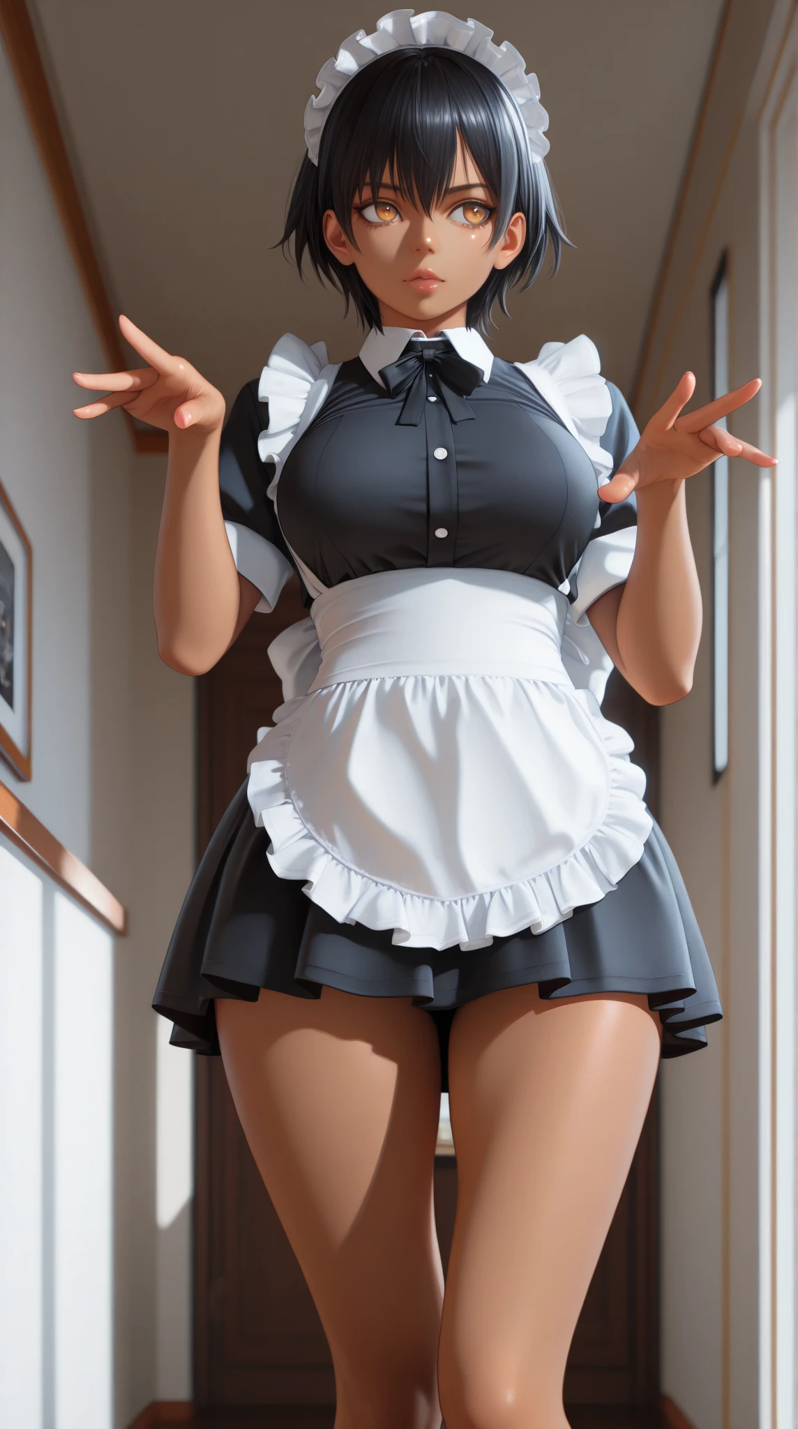 SFW, SLAVE FEMALE, Maid for sale. An African (very black skin) domestic worker for text "US dollar" full body, barefoot, standing straight symmetrical, huge boob(masterpiece, best quality:1.2), smirking smile, red blush, wet body, looking at viewer, hands on hips, twintails, twin drills, dress, blue pantyhose, striped pantyhose, Handcuffs on their hands, With a collar around the neck, slave catgirl ((black choker, chains, shackles on legs and armedroom background (bed, pillow, sheet)