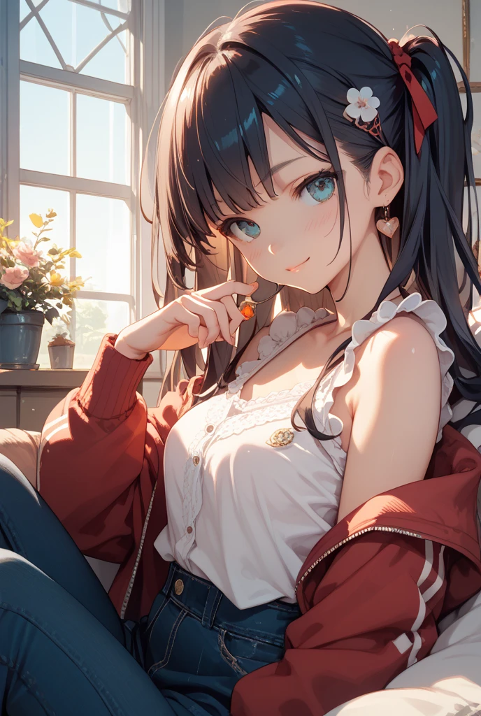 masterpiece, highest quality, One Girl, Thighs, beautiful girl, Flowers, たくさんの小さなflowerびら, flower、Small waist, RAWphotograph,Bright lighting、Face Light, Ultra-realistic, High resolution, photograph, Sharp focus, Highly detailed eyes and face,Symmetrical face, whole body、Large Breasts、Long Hair、チラリと見えるThighs、Deep Valley、Beautiful valley、Red mini skirt、White high heels、Lightweight cardigan、Lakeside