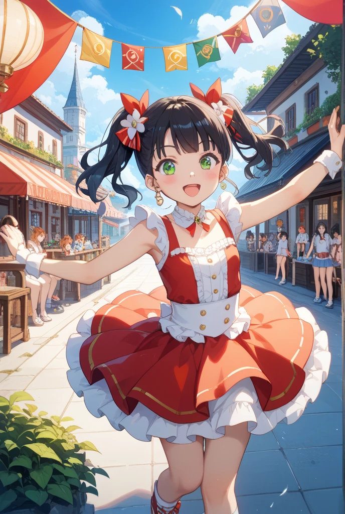 photoRealstic、Top Text Says "Code Angel"、Doll standing in front of the painting、swim wears、laugh face、Water droplets on the cheeks、Selfie Pose、spreading arms widely、、Sengai、pixiv、rokoko、dollfie dream、watercolor Nendoroid、(High Definition Figure)、Flowing Red Silk、nendroid、bustup、Hibiscus petals、season!!: 夏☀ 🍂 ハイビスカス