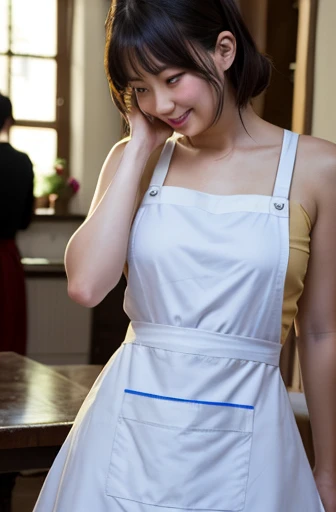 (((16 years old)))、(((high school girl)))、(((A charming face)))、(((Young face)))、(((beautiful girl)))、(((A beautiful woman)))、Beautiful woman、Cute woman、((Innocent face))、((Smile))、((Ultra-detailed face))、((Detailed lips))、((Detailed eyes))、((double eyelid))、(((Beautiful Face)))、(((Beautiful, well-shaped eyes)))、(((Beautiful, well-shaped lips)))、Very Short Hair、ponytail、Pixie cut、BREAK、BREAK、(((Naked and wearing an apron)))、Off the shoulder、BREAK、8 heads、(((slender)))、(((Slim body)))、(((Thin body)))、(((Slim woman)))、Flat Chest:1.4、BREAK、Photographic quality、Natural light、(フォトRealistic:1.4)、(Highest quality:1.2)、(Ultra-high resolution:1.2)、8K、RAW Photos、Realistic、High Detail、Film Grain、Detail Skin、Symmetrical、Delicate skin、Real human skin、pores、Super detailed、Detailed、(masterpiece : 1.2)、Thin face、Sharp Face、Small Face、Small face、Narrow shoulders、Small shoulders、Small shoulders幅、Slim shoulders、Narrow shoulders幅、Beautiful Japanese Woman、Beautiful Korean Woman、Slim womanモデル、Young Gravure Idol、Realistic young gravure idol、Young Sensual Gravure Idol、Young Pretty Gravure Idol、Japanese Model、Young Gravure Idol、(From the knee up) 、arms behind back:1.3