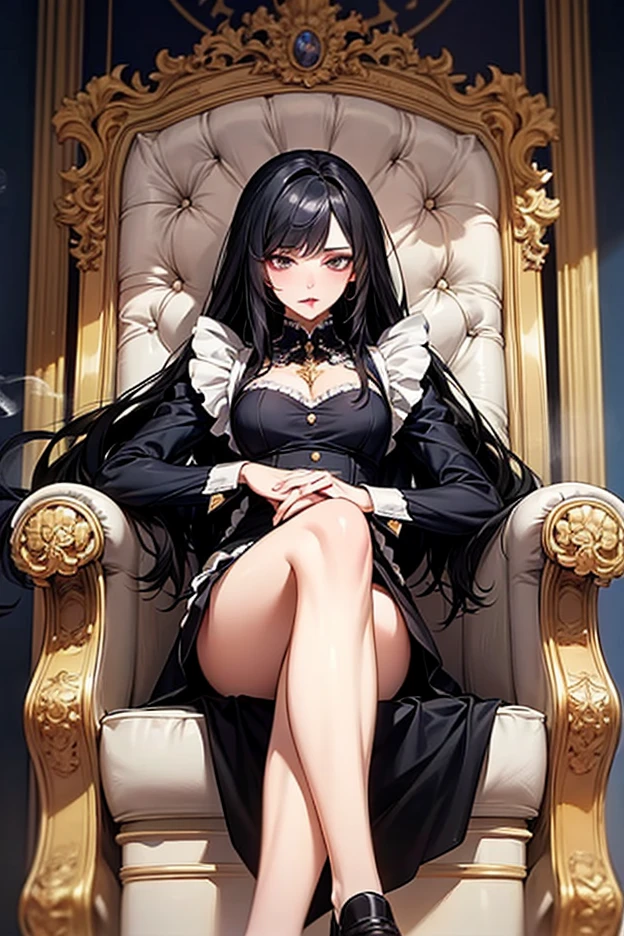 A beautiful mature milf woman with long black hair and black eyes wearing a gothic outfit and sitting on a throne with a seductive simrk on her lips