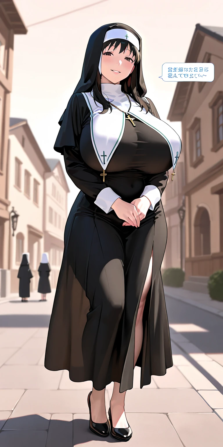 Billie Eilish, (masterpiece quality, (masterpiece quality:1.3), realistic, (realistic:1.3), 1girl, (1girl:1.9), solo, (solo:1.9), in a German village, German houses in background, wearing nun outfit, (nun outfit:1.5), big breasts, (big breasts:1.5), thin body,
