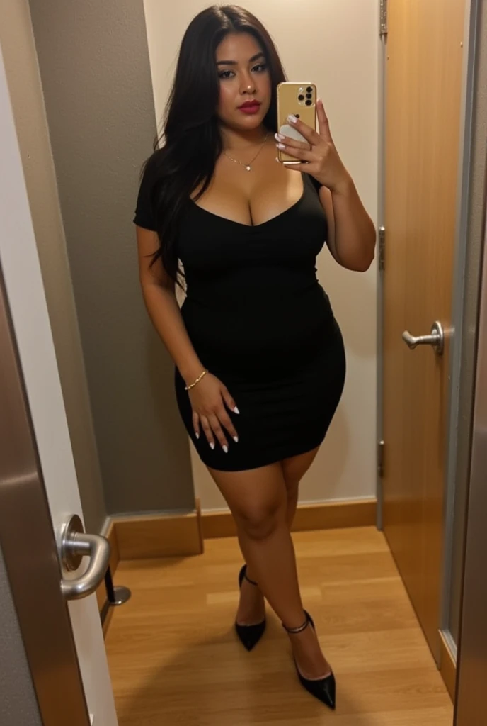 Young African woman with a big booty in a tight dress taking a selfie