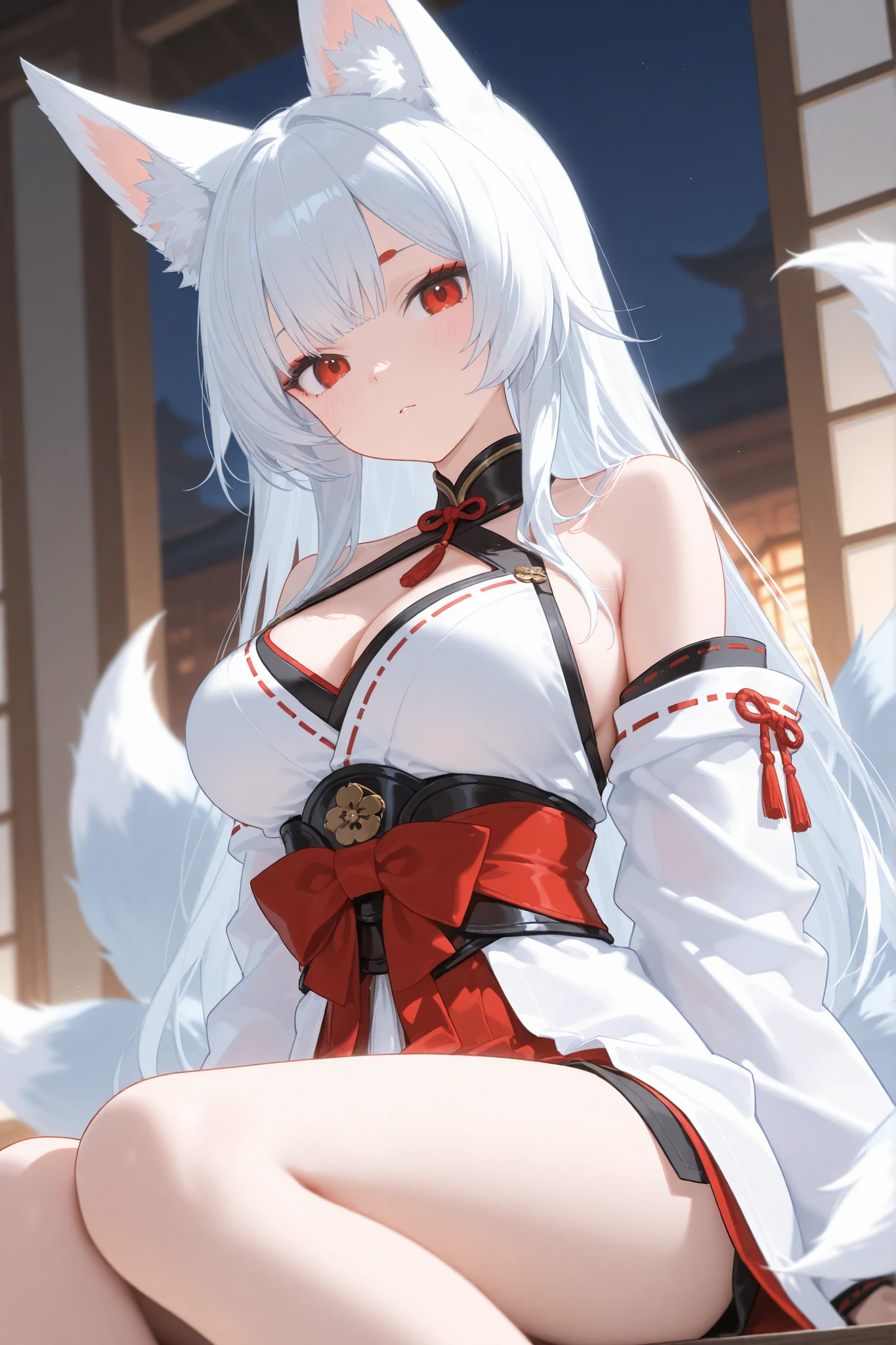 1girl, white hair with red streaks, long hair, very big kitsune ears, tail, long white pantyhose, big things,