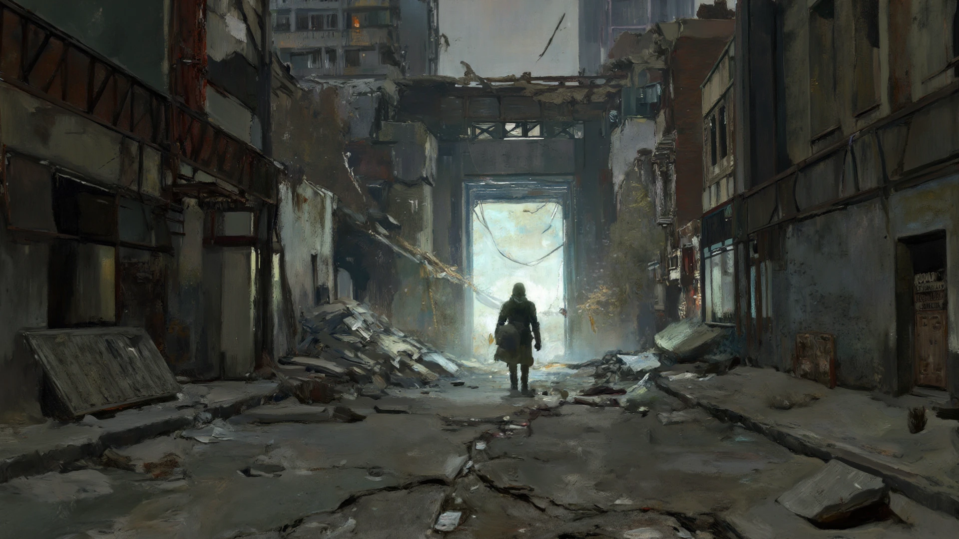 There was a man walking down the street on crutches, in a post apocalyptic city, Dystopian digital concept art, dystopin future, dystopian scifi apocalypse, in a post-apocalyptic wasteland, foggy dystopian world, cyberpunk apocalyptic city, post - apocalyptic city streets, An abandoned dystopian city, post - apocalyptic city, Stylized urban fantasy artwork, apocalyptic city