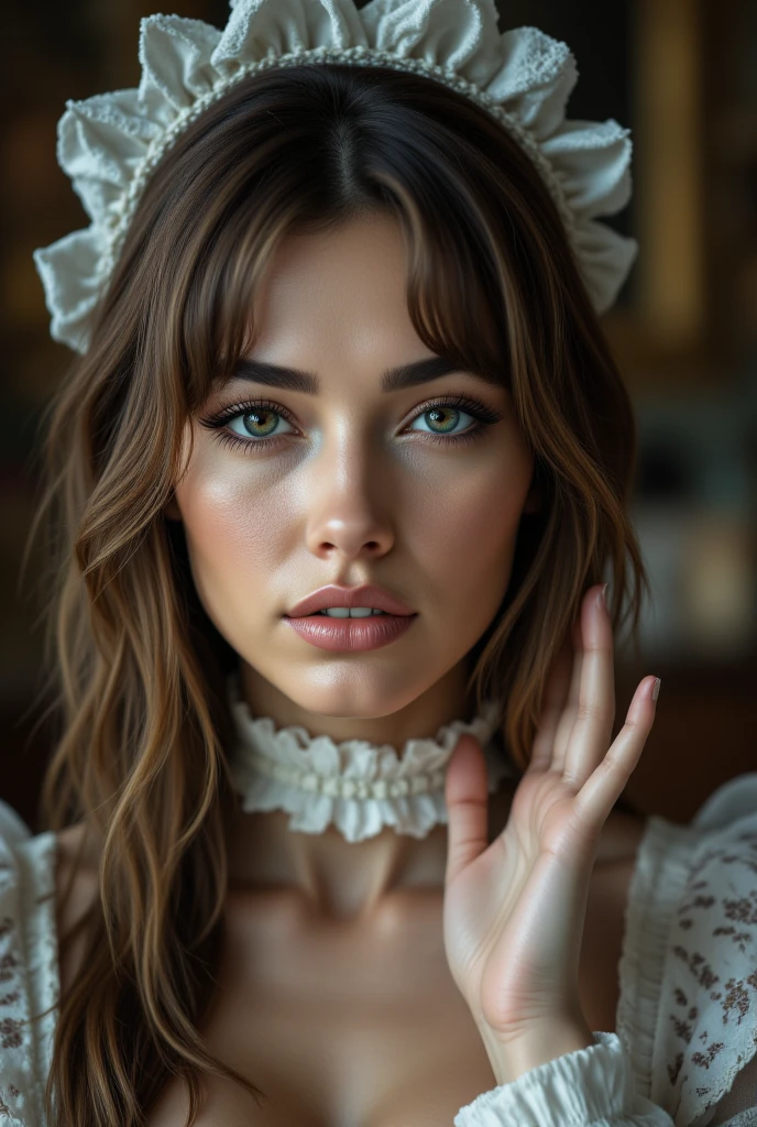 Jeune femme brune aux yeux bleus en sous vetement