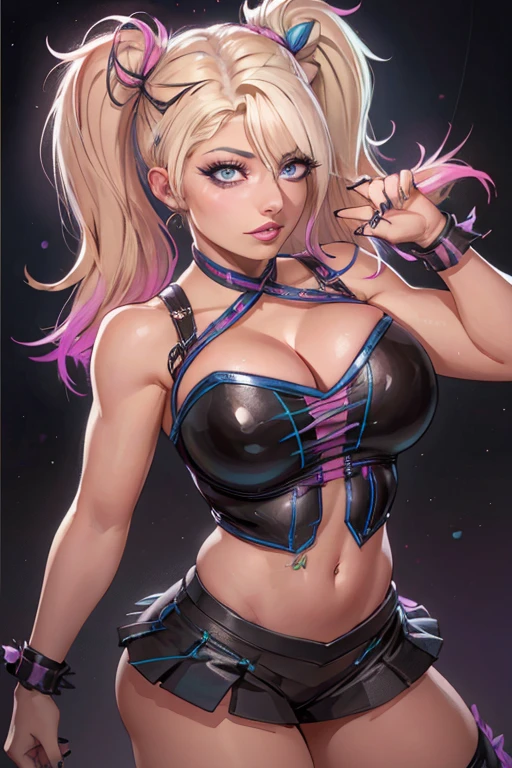 best quality,masterpiece,HDR,UHD,8K,masterpiece,Highly detailed,1girl,short hair,(upper body:1.1),detailed face,simple background,dress,medium size breasts,bare shoulders,girl,solo,blonde hair,twintails,jacket,short shorts,pantyhose,torn pantyhose,crop top,torn clothes,blood,clothes writing,makeup,blue eyes,eyeshadow,blue hair,midriff,navel,gloves,fishnets,multicolored clothes,belt,bracelet,spiked bracelet,multicolored hair,collar,graffiti, huge , big juicy lips, Harley Quinn make up