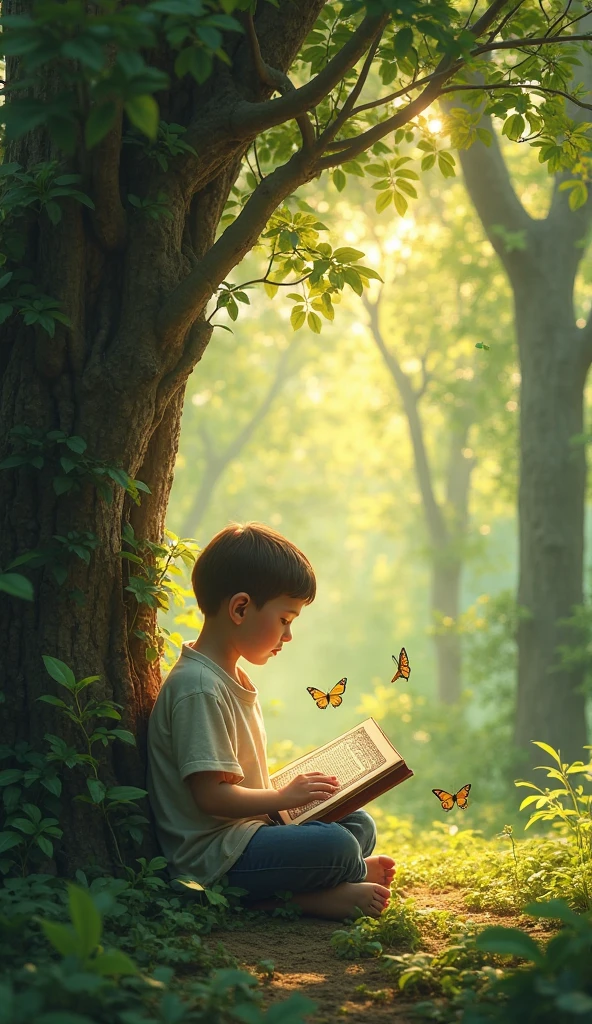 A beautiful environment butterfly flower sunny time a boy blue t-shirt stand in hold bloe a book and feel the nature