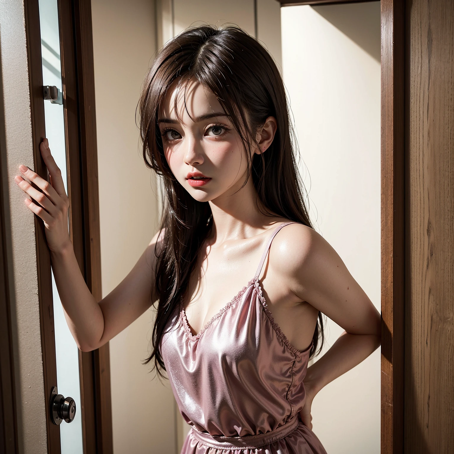 ((best quality)),((Highest quality)), ((masterpiece)), (detailed), ((in the bedroom)),(see-through dress),((Hires.fix)),(small breasts),長い髪と白いトップを持つアラフェアジア人woman, 美しい韓国人woman, 美しい若い韓国人woman, Young and adorable Korean face, ゴージャスな若い韓国人woman, Korean Girls, Girl cute beautiful face, 韓国のwomanアイドルの肖像, Young and pretty Asian face, Cute natural anime face,Asian pretty face,((flat chest)),((Highest quality)),((nipple)),(detailed), Perfect Face,((One girl)), (scrawny：weight1.0〜2.0)iris, Elevation, space, (Natural Light), Dramatic lighting, Chiaroscuro, Emotional depth,woman,((nude)),((show off nipple)),((small breasts)), ((flat chest)),naked,slender,delicate,Small breasts,((Small breasts)),the body is slender,Beauty,Beauty,4K quality,Young face,Big eyes,Brown eyes,Perfect Face, 14years old,breasts are very small,Model Body Type,Cute Face,Pink nipples,Symmetrical eyes,Glowing eyes,Natural smile,((Always show your boobs)) ,(embarrassed,blush:1.3),
,(steam:0.8),(wet:0.8),(sweat:0.8),(trembling:1.3)
,(parted lips:1.3),(harf open eyes:1.4),(feeling weak:1.5), ((flat chest)), ((Gaunt)),beautiful,((a long hair)), ((half body)),topless model shoot style,((intricate choker necklace)),(lips),(intricate earrings),((nipple)),((woman posing for a photo)),