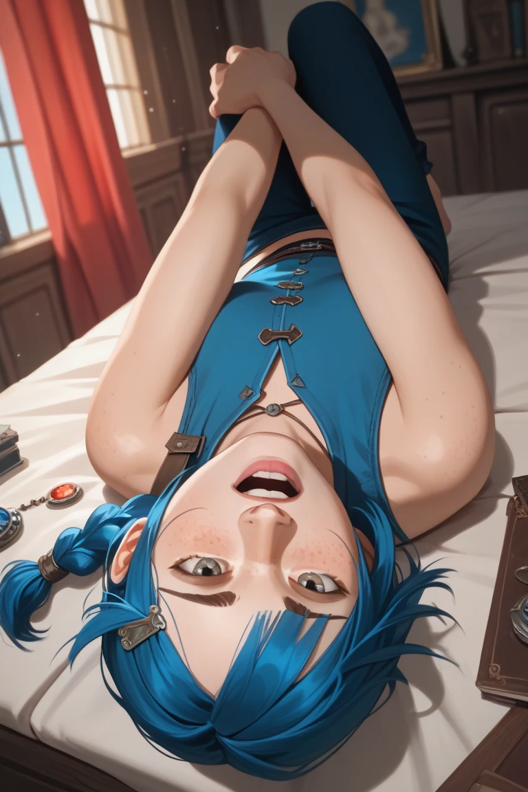 1girl in, Solo, Laura S. Alceid (long dark blue hair, Ponytail and side van, small tit), (Inspired by Cold Steel&#39;Bed in a small room) ,(Accurate Hand Modeling,),natta, Hands behind the head,Open your crotch,Turn your face away,Reluctant face,Scream,man and woman enjoy intense oral sex,convulsions,urinate,soaked body，Mangli return,Touching the,Grab your chest,oral sex between men and women,,sedentary oral sex,blow job