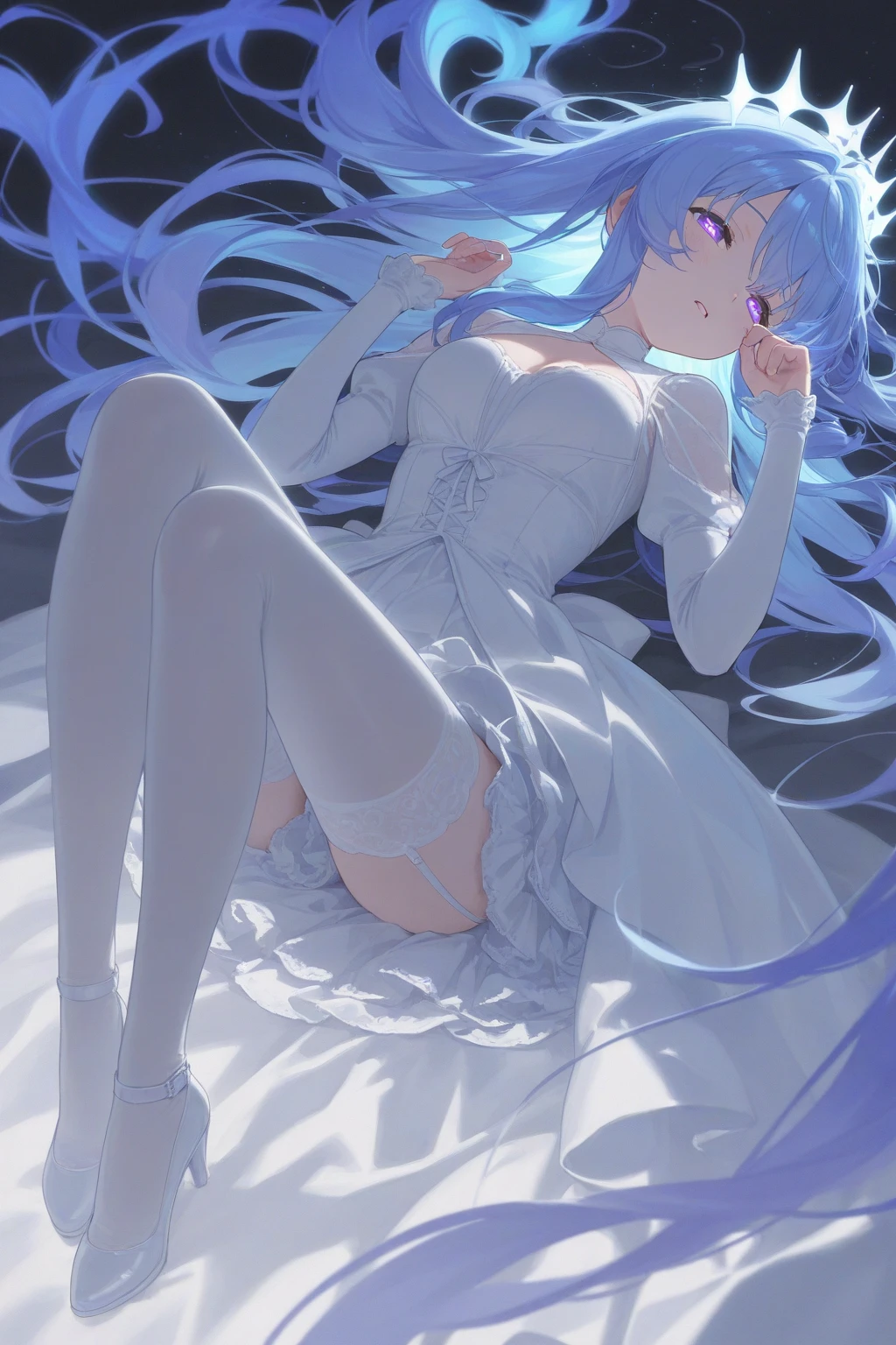 (masterpiece), best quality,illustration,detailed eyes,a little girl,small breasts,wet,shiny skin,white hair,long hair,blue eyes,white stocking,on quilt,white quilt,lying,bright light,realistic,leg focus