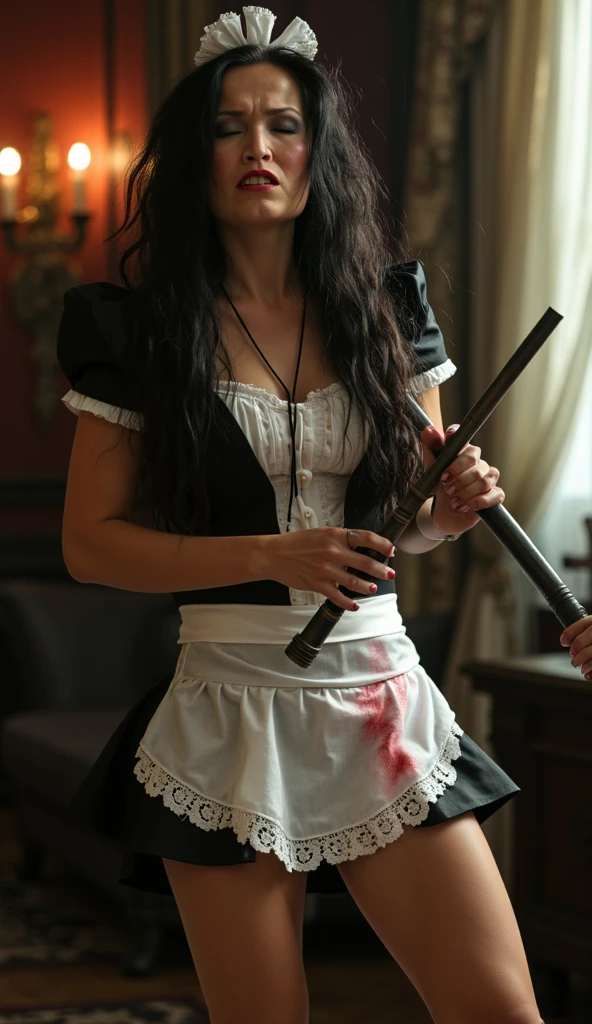 award winning Photo of a woman as a Medieval butcher, with medium breasts wearing a ((bloody apron)) and wielding a knife, blood_on_clothes, blood_on_knife, backlit, undercut hairstyle, smooth, sharp focus, rule of thirds,grim dark, dark fantasy,intricate details, art by aleksi briclot and Greg Rutkowski, medium shot breast,<hypernet:hypernetworkForProject_hypernetworkForProject:0.592>, <lora:gothicNoir_gothicNoir:0.5>