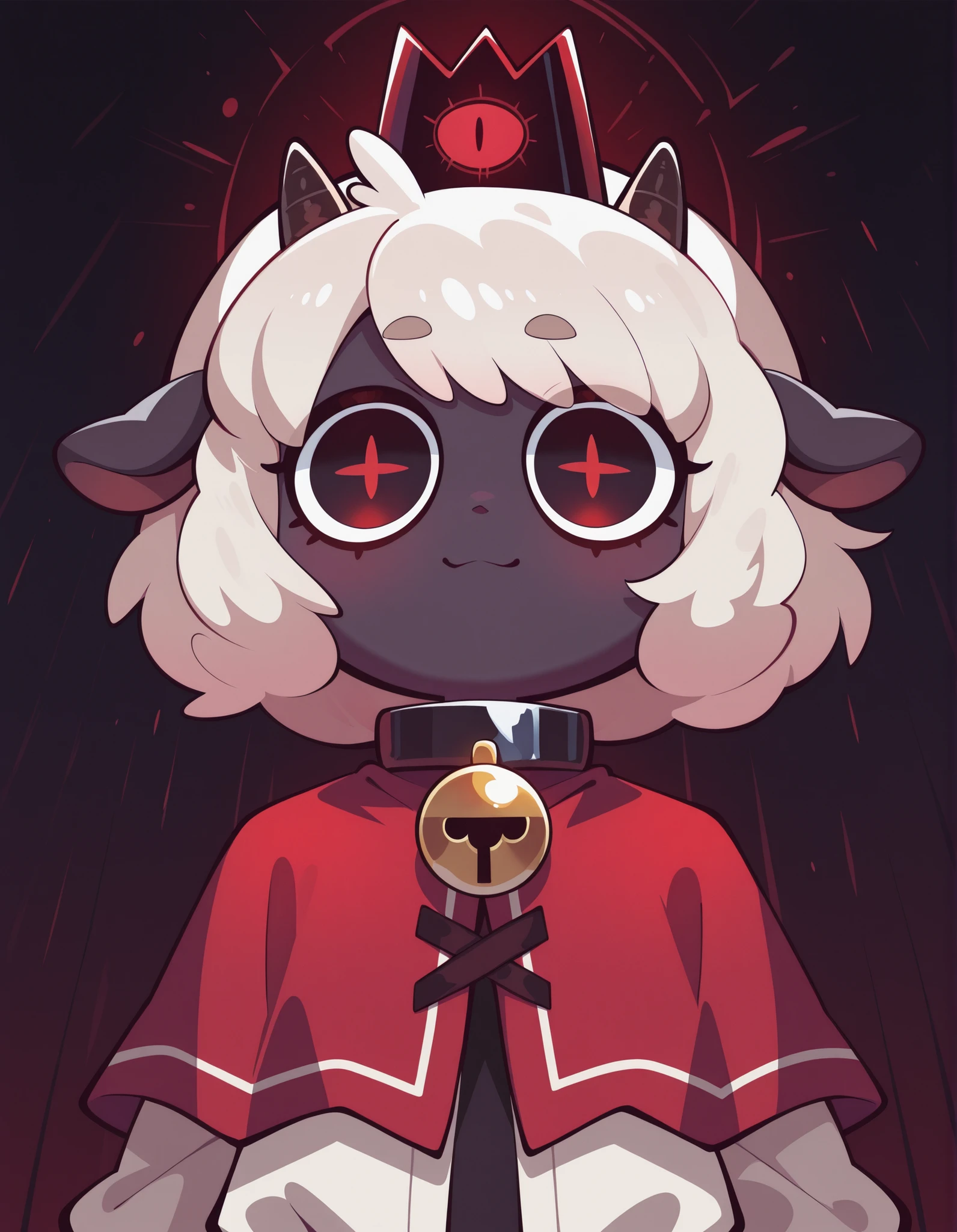 f11ph1style,, masterpiece, best quality, very aesthetic, 1girl, solo, cult of the lamb, sheep girl, collar, horizontal pupils, red/black eyes, red crown,