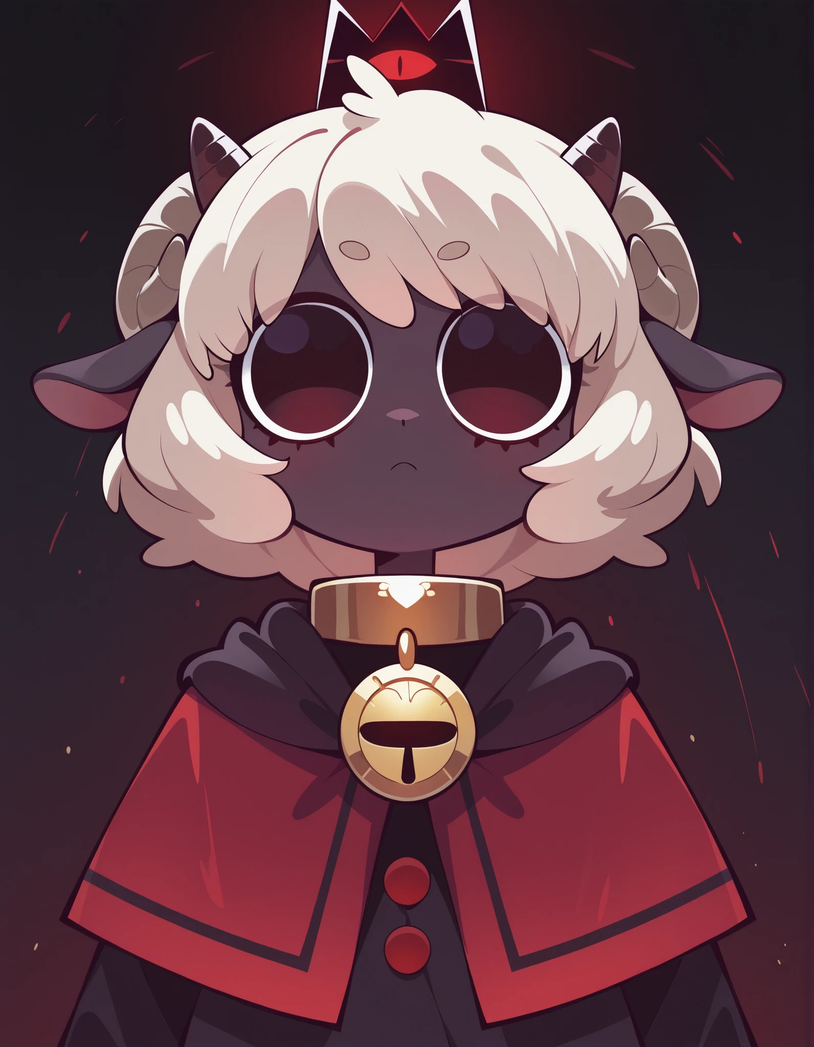 f11ph1style,, masterpiece, best quality, very aesthetic, 1girl, solo, cult of the lamb, sheep girl, collar, horizontal pupils, red/black eyes, red crown,
