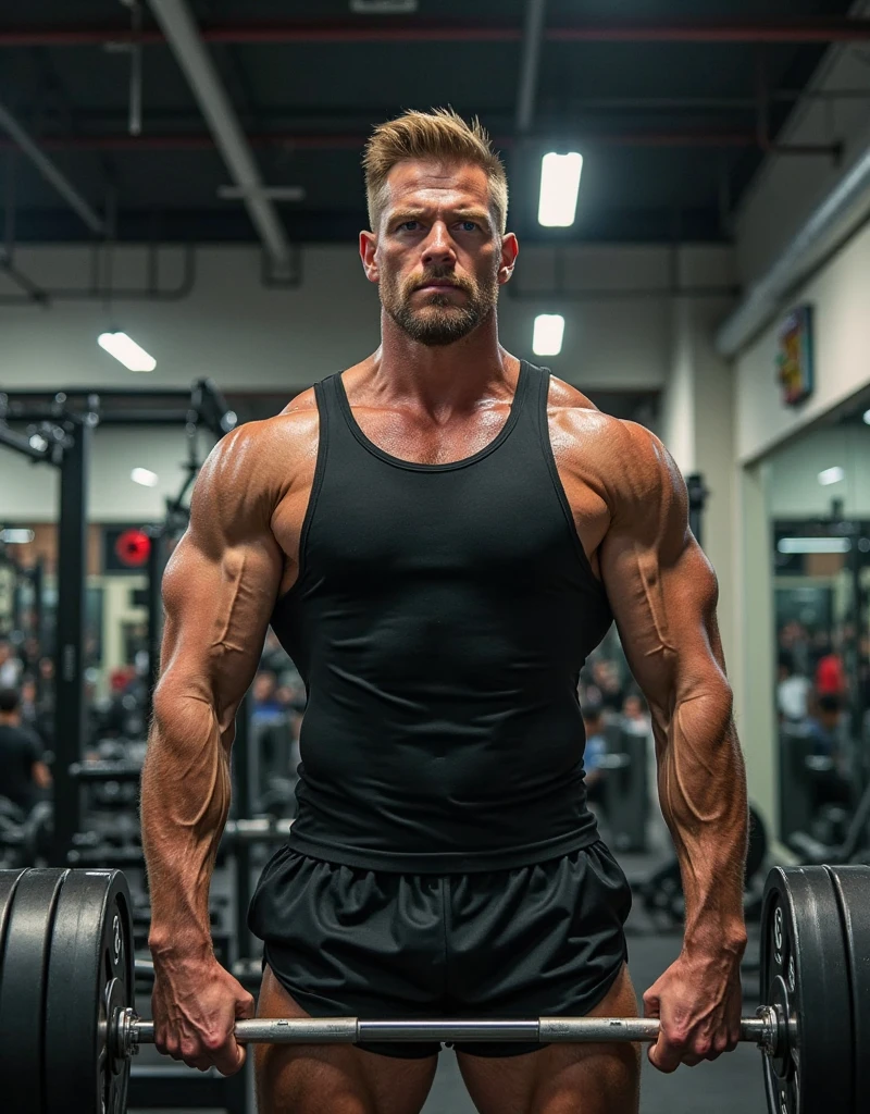 29 years old muscular auto mechanic upper body bare in work pants full of oil