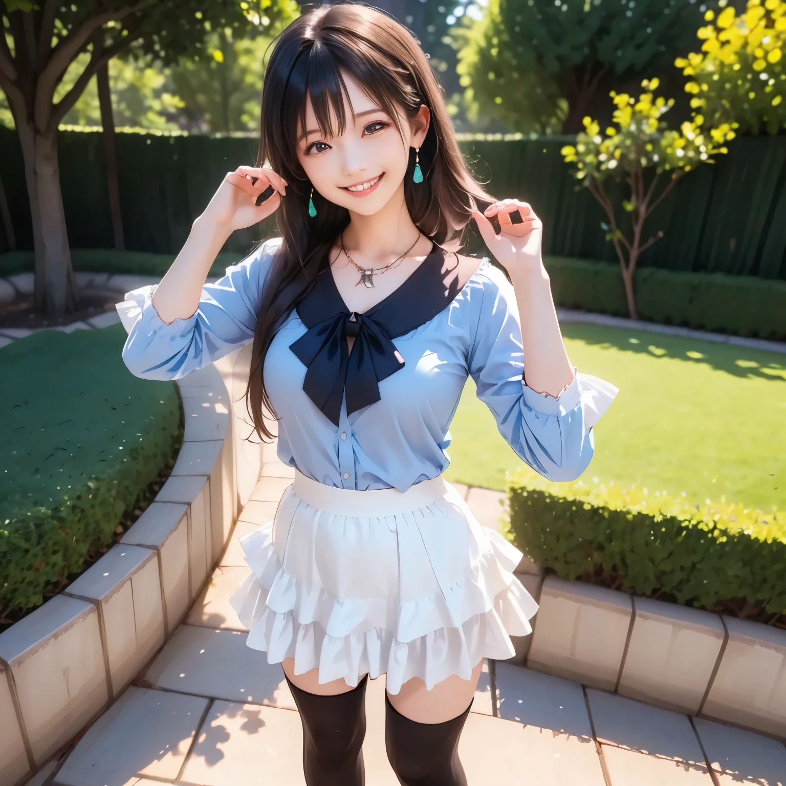 (masterpiece,best quality: 1.4),(8k,raw photo,photo realistic:1.2),shiny skin, detailed skin,detailed face,detailed eyes,Japanese idol,beautiful face,Park with flower beds,Blue Sky,Beautiful lawn,Beautiful girl,beautiful Japanese woman,Beautiful Like a Goddess,has a well-groomed face,(long hair,wave hair:1.4),(hair ornament,necklace,earrings, (happy smile:1.4), (frill shirt:1.2), (tiered skirt:1.2),(black knee-high socks:1.2),(standing in a cute pose),
