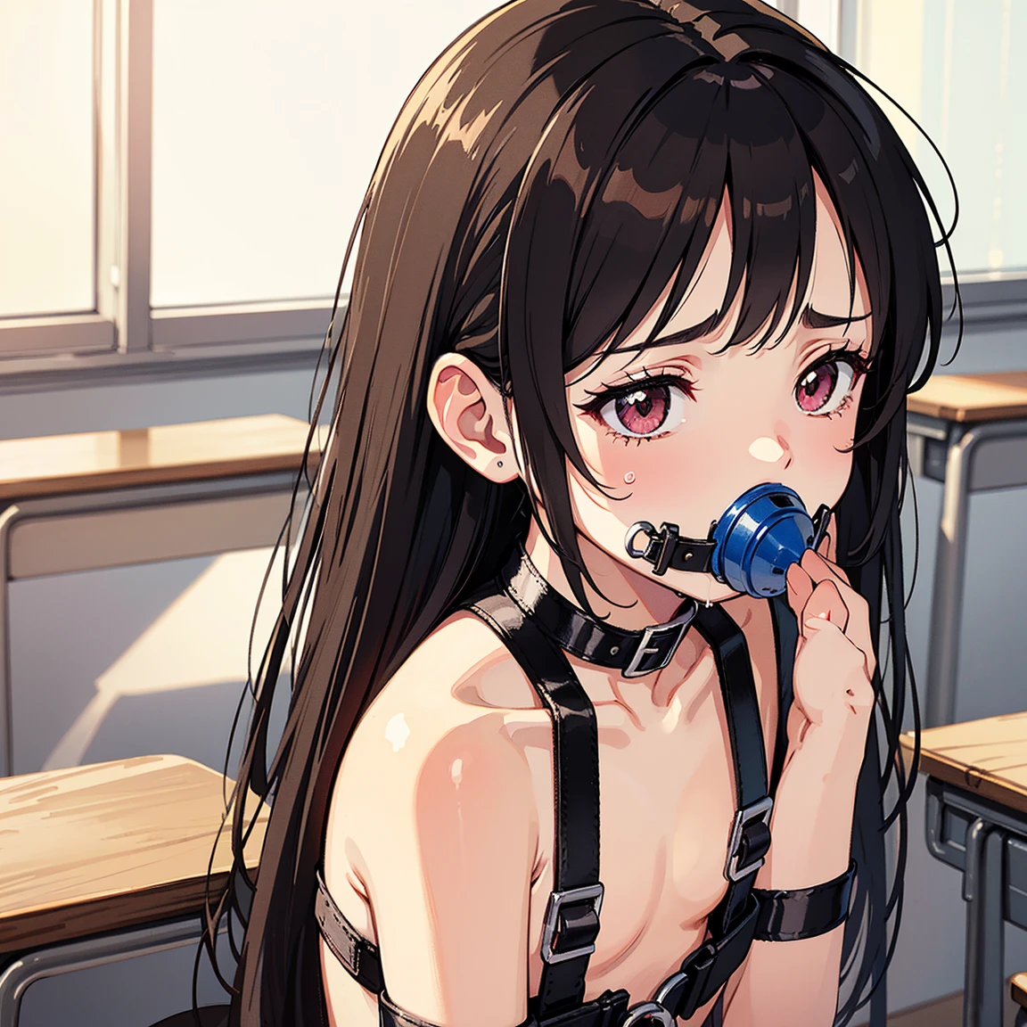 Show the armpits,Banzai with both arms,Soles of the feet見せる, sitting on metal, Soles of the feet, M-shaped legs,white panty, Woman with open legs, Alone, Solo, Hair inhalation, ripped school uniform, Handcuffs on wrists,chain,handcuffs on legs, chain, Glowing face,Open mouth,Crying face with closed eyes,足首にchain