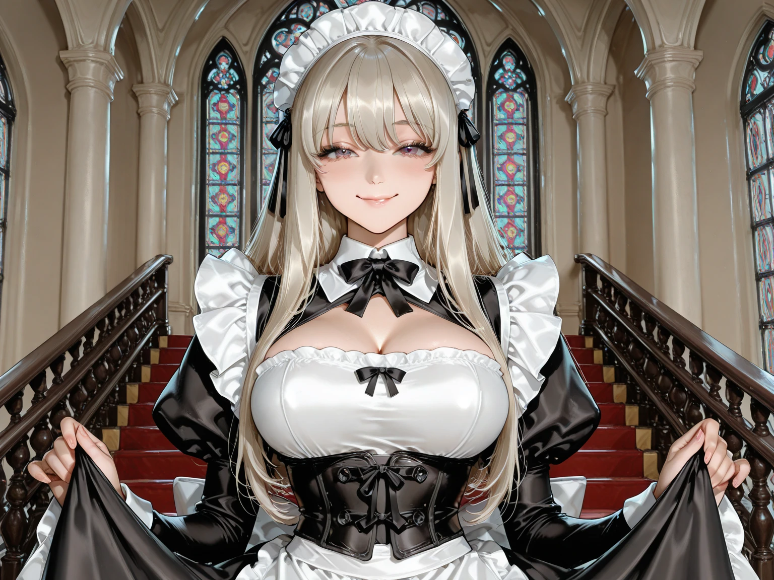solo, female, medium shot, sfw, huge breasts, white skin, very tall, long hair, white hair, straight hair, straight bangs, ponytail, personal assistant, beaming smile, curvaceous, ((robot seams on skin)), bar code on skin, indoors, cozy, frilly french maid uniform, cleavage, frilly skirt, short sleeves, frilly sleeves, narrow waist, luxurious, black clothes, living room, curtains, playful, frilly