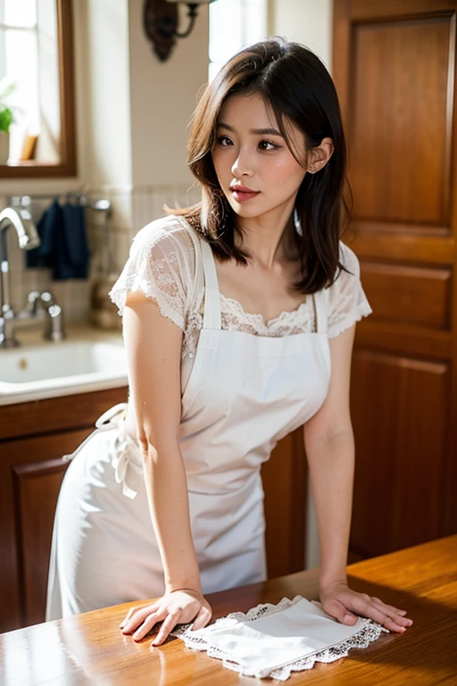 ((Composition from the thighs up)), (((Clothing:2.0, apron under 裸:2.0, Lace panties:1.8, apron:2.0))), ((Kitchen room:1.5)), 1 Girl, solo, ((Short Hair:1.2, A grin:1.2)), 18-year-old, 7 heads, Ideal body proportions, Black Hair, With bangs, Small breasts, slender, Small Ass, Beautiful feet, Skinny Legs, Surrealism, Cinematic Lighting, Depth of written boundary, First Person View, F/1.8, 135mm, Ticker, Mastepiece, Curate, ((Anatomically correct:1.3)), Textured skin, Super Detail, High detail, High quality, Awards, Best Quality, High resolution, 8K