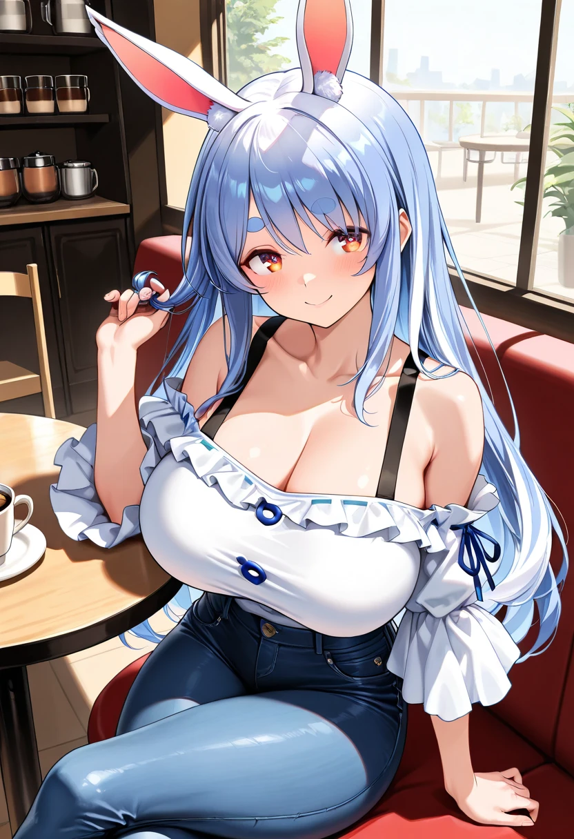 Long hair light blue hair yellow eyes massive breasts exposed cleavage rimuru hot white bikini adult sitting on table
