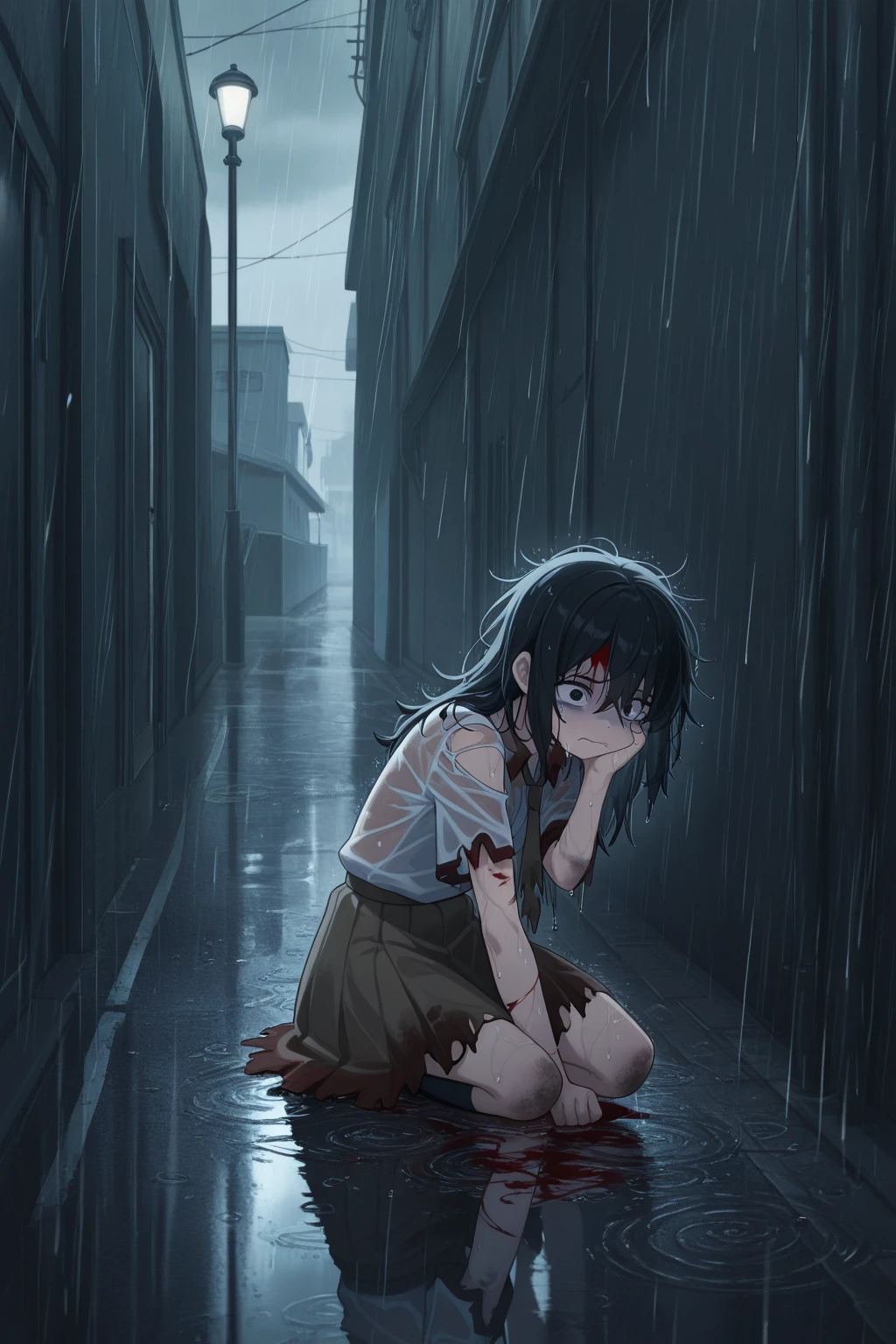 Japanese、Soaking wet、rain、Sailor suit、barefoot、Embarrassed