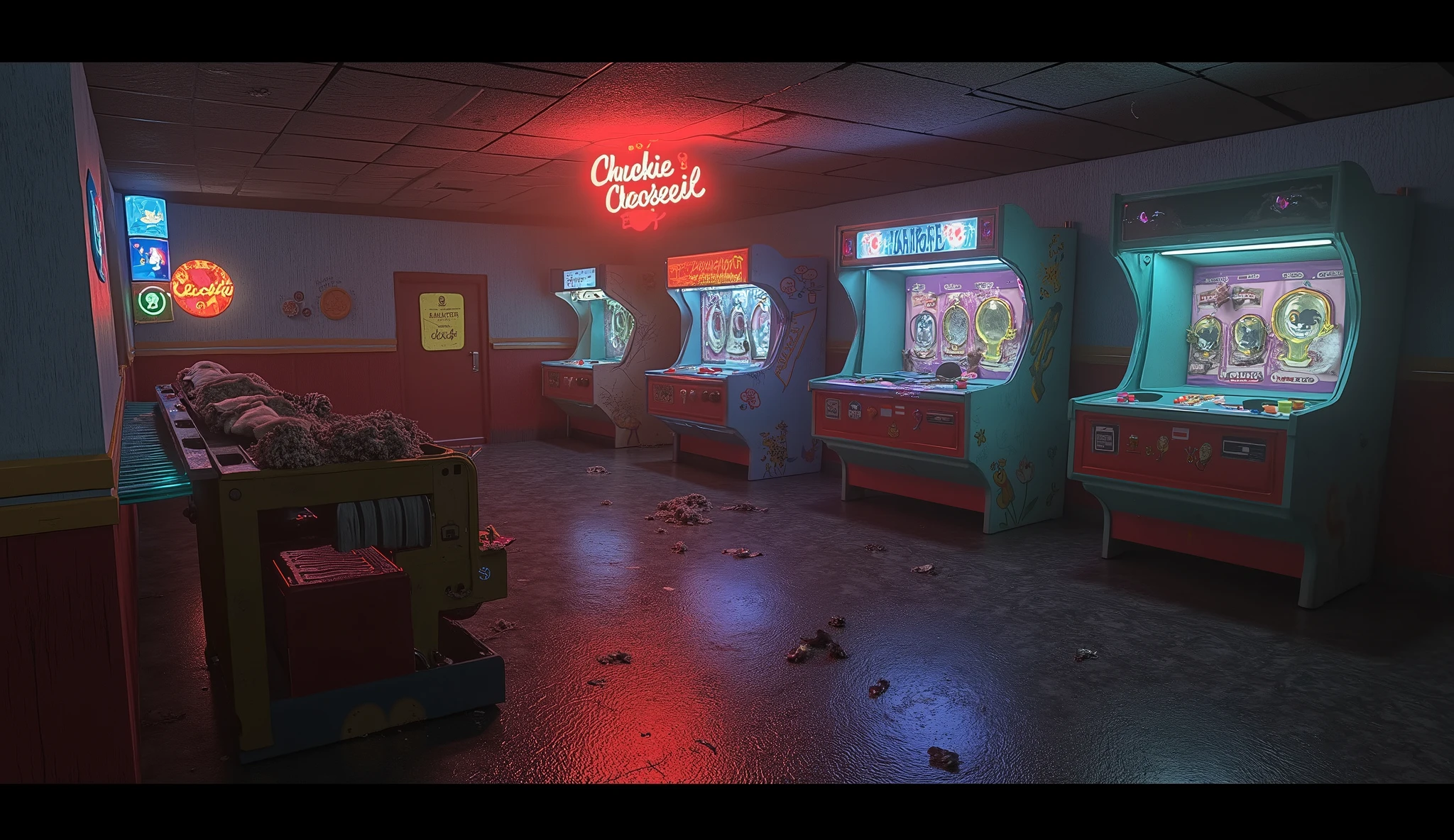 Chuckie Cheese afterhours, dark, abandoned, unreal game room, surreal, liminal, creepy, high detail, masterpiece.