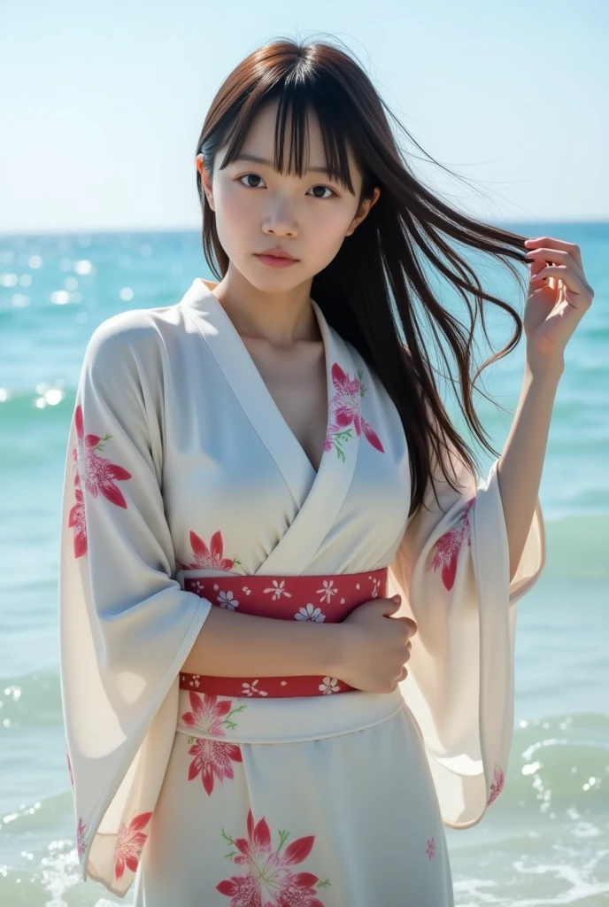 ((sfw, armpits, Sarong-pass, beach, Svelte Body, 1 girl)), Ultra High Resolution, (Real: 1.4), RAW Photo, Best Quality, (Photorealistic), Focus, Soft Light, ((15 years old)), ((Japanese)), (((Young Face))), (Surface), (Depth of field), Masterpiece, (Photoreal), Woman, Bangs, ((1 girl))