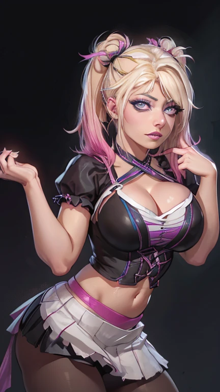 dark-skinned female+++++, detailed eyes, sparkling eyes, close-up , pink eyes, full lips, +thick lips, +full lips, big breast, blonde hair, pink highlights+++ belly piercing,,long hair, flat stomach, long eyelashes, lipgloss, smirk ,looking at viewer , HD++ , pink crop top , from above , pink background, corset , holding phone , clouds , pigtails , septum piercing++ , cheetah print set , on knees , heels ,