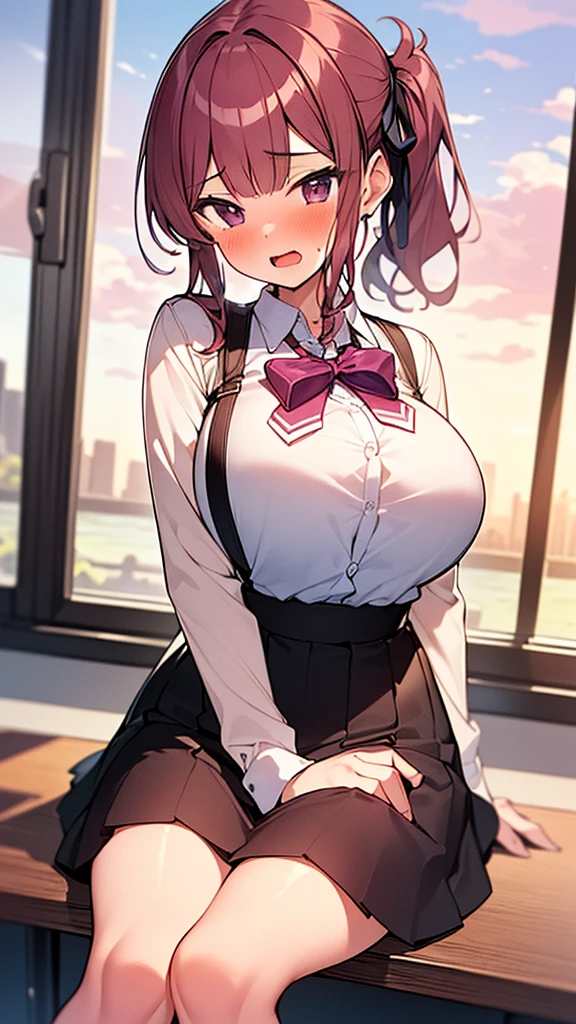 a girl crushing a building between her breasts,large breasts,kafka genshin impact,black bra,(between breasts:1),heart shaped pupils,mini city,indoors,MATURE FEMALE,evil grin,milf,looking at building,good anatomy,good detail,masterpiece