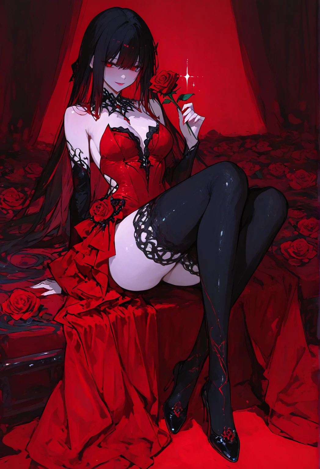 (best quality, masterpiece), demon girl, negligee, seductive smile, hell, very long hair, horns, garter straps, spread legs, zombie