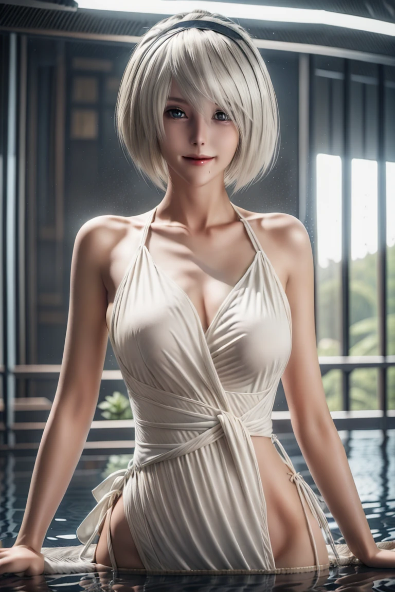 1girl, beautiful girl, cute girl and idol face, young face, smile, ahoge and short bob cut and shiny silver hair, beautiful green eyes, medium breasts, shiny white skin, Hot summer sun, white Summer Dresses