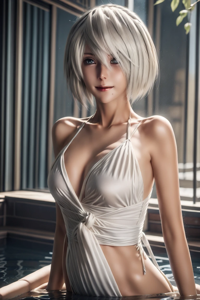 (best quality, masterpiece), 1girl, beautiful girl, brown_eyes, ((hair color [Silver hair], [pixie cut with bangs] hair)), earrings, lips, short sleeves,realistic, perfect waist, charming, colorful makeup, long eyelashes, fair skin, (cute), (detailed face), detailed eyes, detailed iris, big breasts, fit body,