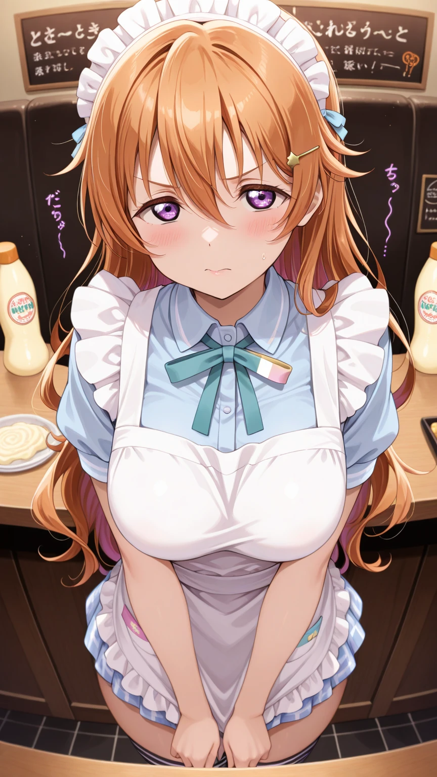1girl, nsfw, takamachi_nanoha, side Ponytail, orange hair、 long hair, purple eyes, large breasts, , , empty eyes , large breasts, nipple, , Peeing, lactation, projectile lactation, Sweets shop, frozen, wet, crying ,, Naked, , (1girl) ,solo