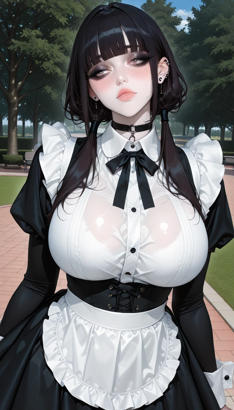 beautiful girl, circle shaped face, big breasts, cleavages, thigh, smiling, round face, black hair, eyeglass, chignon style hair, full sleeve green clothes, white apron, long skirt, black eyes, school room, standing on a garden