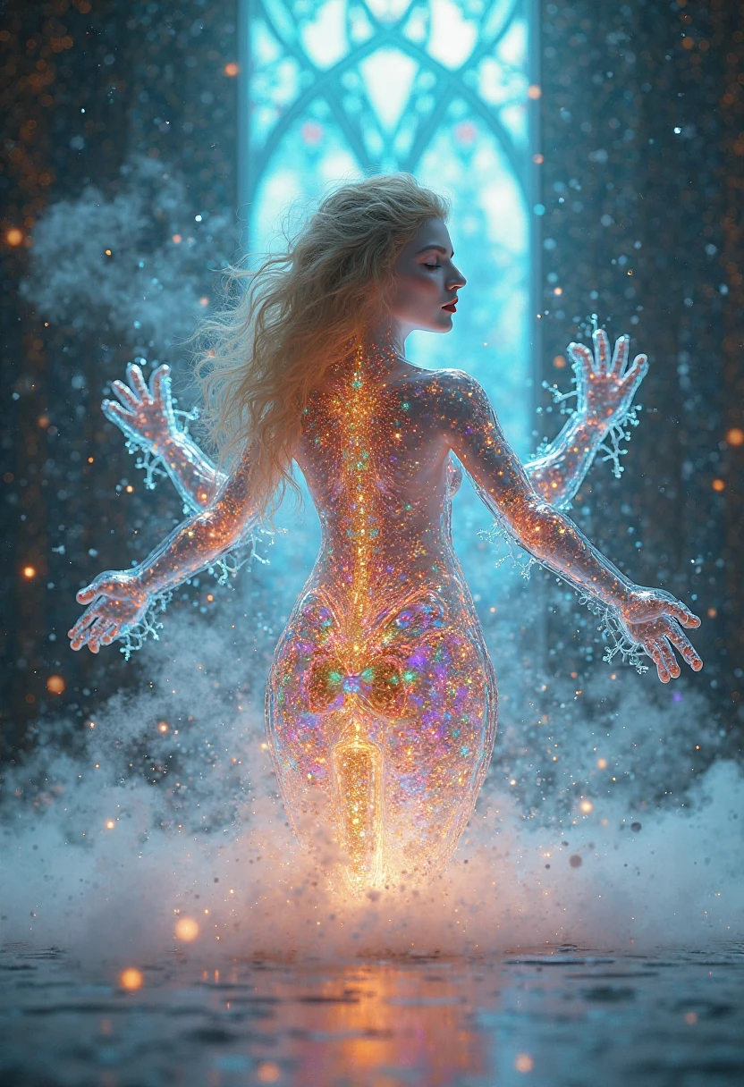 (masterpiece, best quality), 8K,(((Very detailed))), Race:1.8,Super intricate Race pattern,colorful Race pattern,Stained glass background transparent body, Mandala,Light Up,cold, 1 female,Open back,(curls,Blonde),