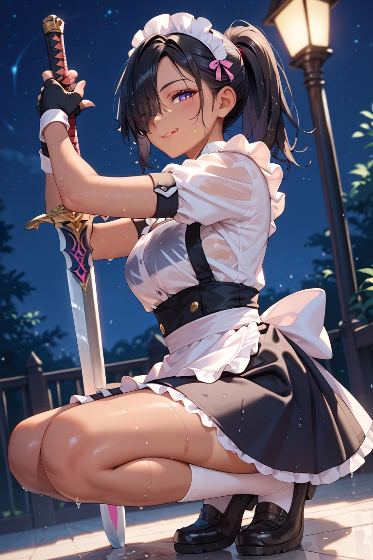 (Highest quality、High resolution、8k、masterpiece:1.2)。Her eyes were shining like stars、Curvaceous yet slender、Cleavage、Squat、squat。Battle Girl、Looking down but eyes looking straight ahead。Aggressive fighting stance。Crouched down and glaring at the viewer。Using a Japanese sword as a walking stick to support one's body。1 girl、Hair that stands on end、Twin tails that rise up、Long Hair、Disheveled Hair、Hair swaying in the wind、Long-sleeved red and black floral kimono、Original Character、(background:京都のnight、Puddles form after the rain、night、Streets bathed in the light of the bathhouse)、Long kimono sleeves、Holding a Japanese sword、backgroundのぼやけ、Tattoo、Depth of written boundary。Reflection in a puddle。geta、tabi、Use something sexy。Showing teeth。smile、sunglasses。Lift your bangs so that your forehead is visible。hair ornaments。