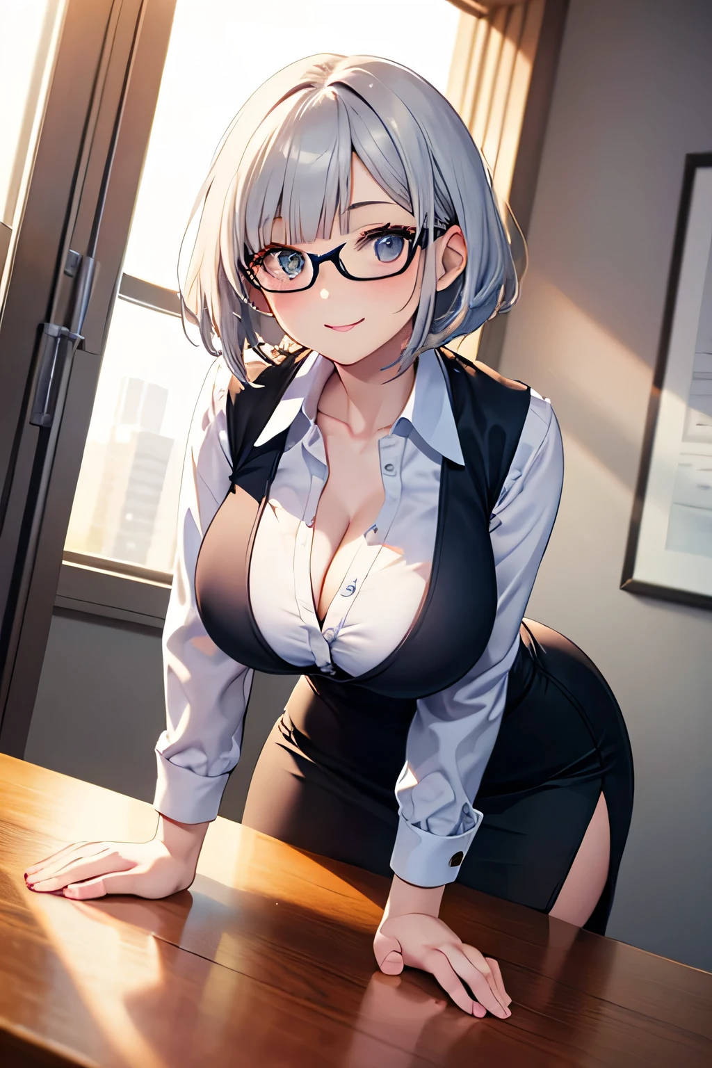 Show entire body, feet in view, 2 13 year old Asian females, perfect fit body, 6 pack abs, huge beasts, happy face, slightly grey hair, wearing cut off button down shirt, tight skirt, underboob, glasses, pantyhose, no shoes, sitting in on conference be table