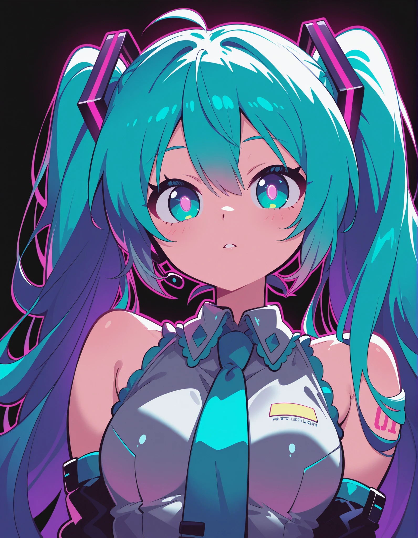 f11ph1style,, Hatsune Miku,limited palette,black background,colorful,vibrant,glowing outline,neon,blacklight,looking at viewer, masterpiece, very aesthetic