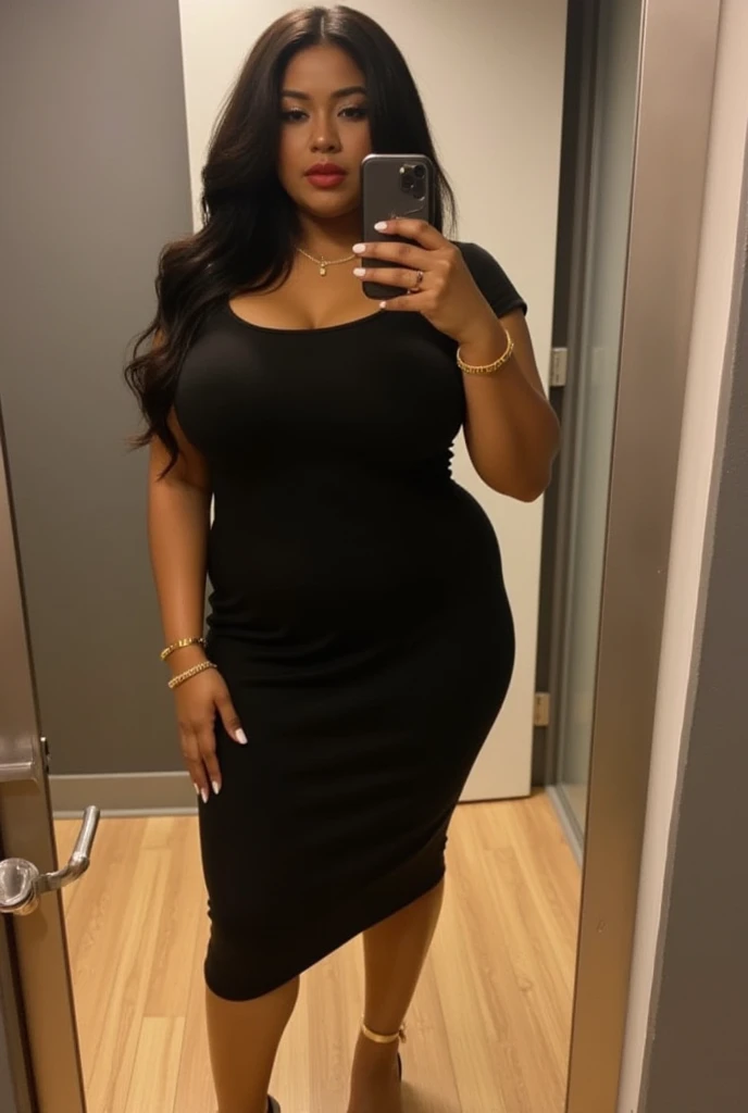 Young busty African woman in tight dress taking a selfie