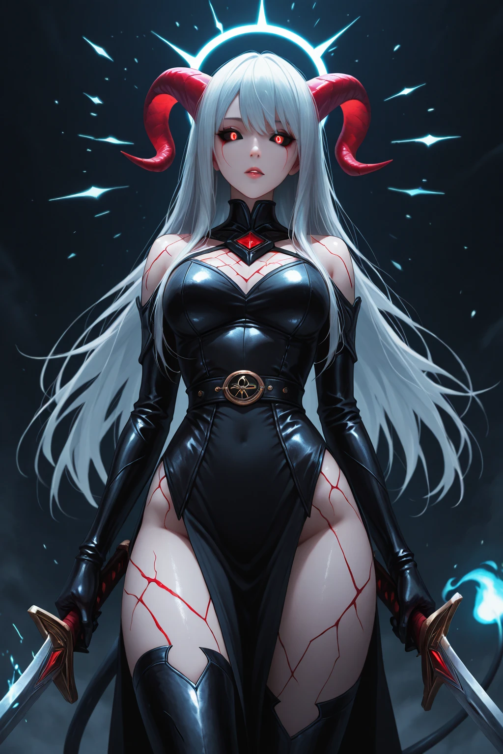 beste-Qualit, tmasterpiece, extremely detialed, the anime, eveline_default, cranny_pupils, Glowing_eyes, black_sclera, White_Hair, smug face,Masterpiece, ,(独奏:1.1), a perfect face, (vivid lighting:1.2),beautiful detail eyes, extremely detailed face, perfect lighting,Masterpiece, Best Quality, 血, blood on the lips, blood on the face, full lengthEvelynnAO, upskirt, voluminous lighting, beste-Qualit, tmasterpiece, intricate detials, tonemapping, Clear Focus, hyper-detalied, absurdress, hight resolution, 1girlBest quality, tmasterpiece, extremely detialed, the anime