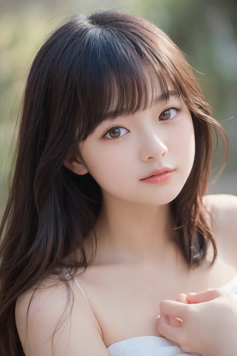 ((8K、Super detailed、highest quality))、(((beautiful girl)))、17 years old、Japanese、cute、bangs、(Depth of written boundary、Ultra-realistic:1.2)、(UHD、Realistic Textured Skin、Anatomically correct:1.3)、(super beautiful、blouse:1.5)、gravure、looking at the camera、Shy、Hokkaido、spring