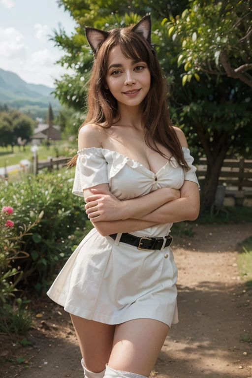 photograph of a  brunette girl , brown eyes, 20 years old, beautiful, wonderful, wearing sexy woolen dress , standing in park, sexy girl, very high resolution, gorgeous body, Beautiful, photo taken with dslr nikon 700d, in a cafeteria , sunny day, front view ,  smiling at camera, high quality,  face at camera
