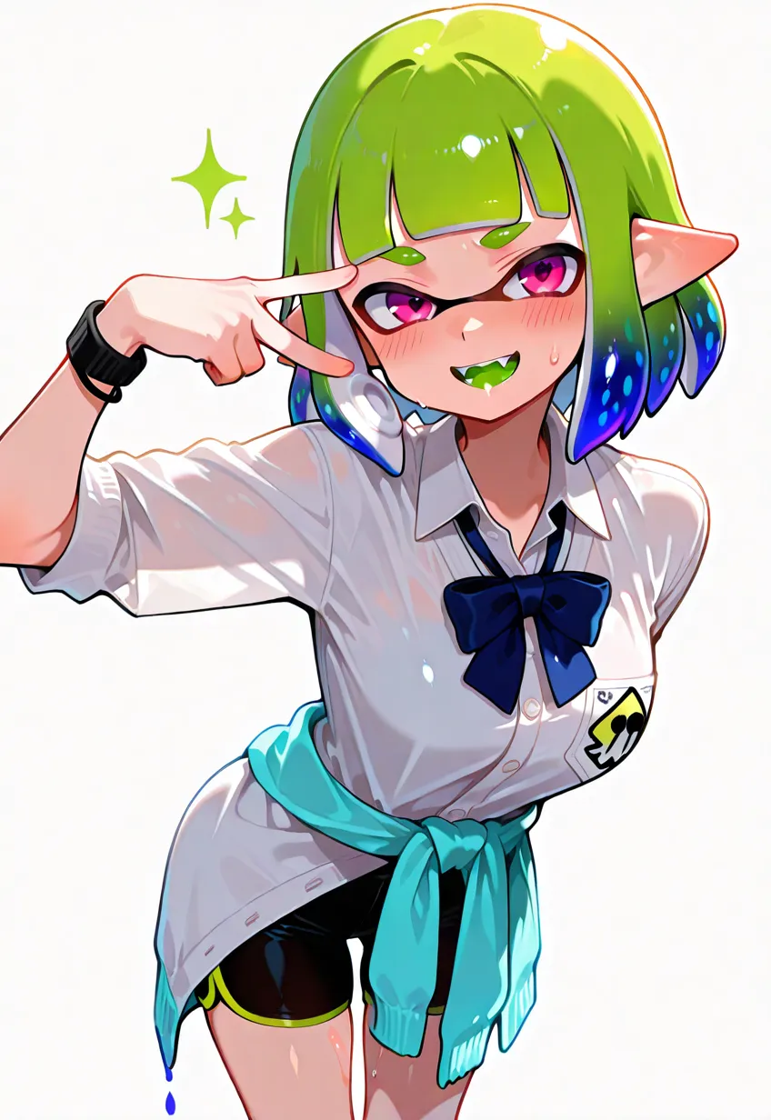 (((scrawny))),((Wheat skin)),(((tall))),tanlines,(side ponytail,ahoge,One eye is covered by hair,Green scrunchies),((Dark purple hair)),(fluorescent pink streaked hair),(Green Eyes),Cat Eyes,(Sailor school uniform,striped panties )