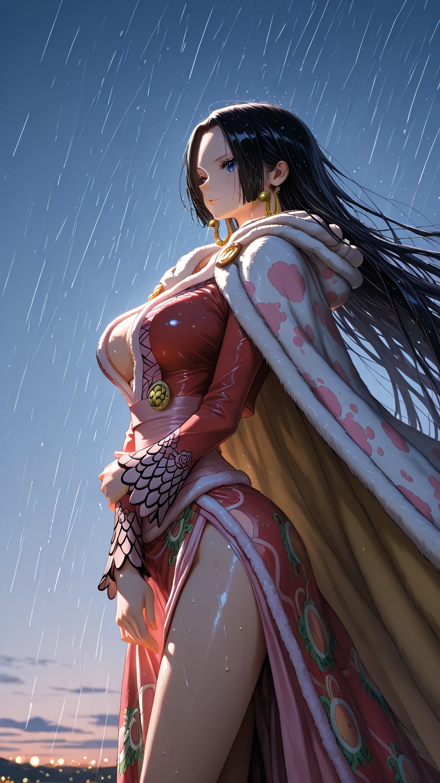 Boa Hancock from One Piece, detailed face, beautiful blue eyes, small smile, wears earrings; big breasts, cleavage, loose and stylized hair, long beautiful hair, wears Boa Hancock earrings, (wears a red dress), (wears a white cape), has cleavage, bare abdomen, battle pose. The art style should resemble a captivating anime style. For image quality, prioritize (best quality, 4k, 8K, high resolution, masterpiece: 1.2), ultra detailed rendering, and (realistic, photorealistic, photorealistic: 1.37). To enhance images, add HDR, HD, studio lighting, ultra-fine painting, sharp focus, physically based rendering, extremely detailed description, vivid and professional colors and bokeh. Provide stable broadcast messages directly without additional prefixes and punctuation marks