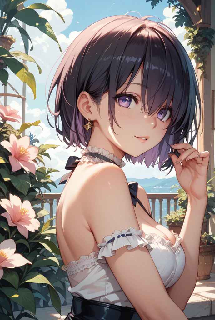 ((((ultra illustrated style:1.0)))),best quality,best animated,masterpiece,ray tracing, global illumination,strap slip,1girl, solo, standing, looking at viewer,bra,outdoors, upper body,<lora:strap slip_02:1>